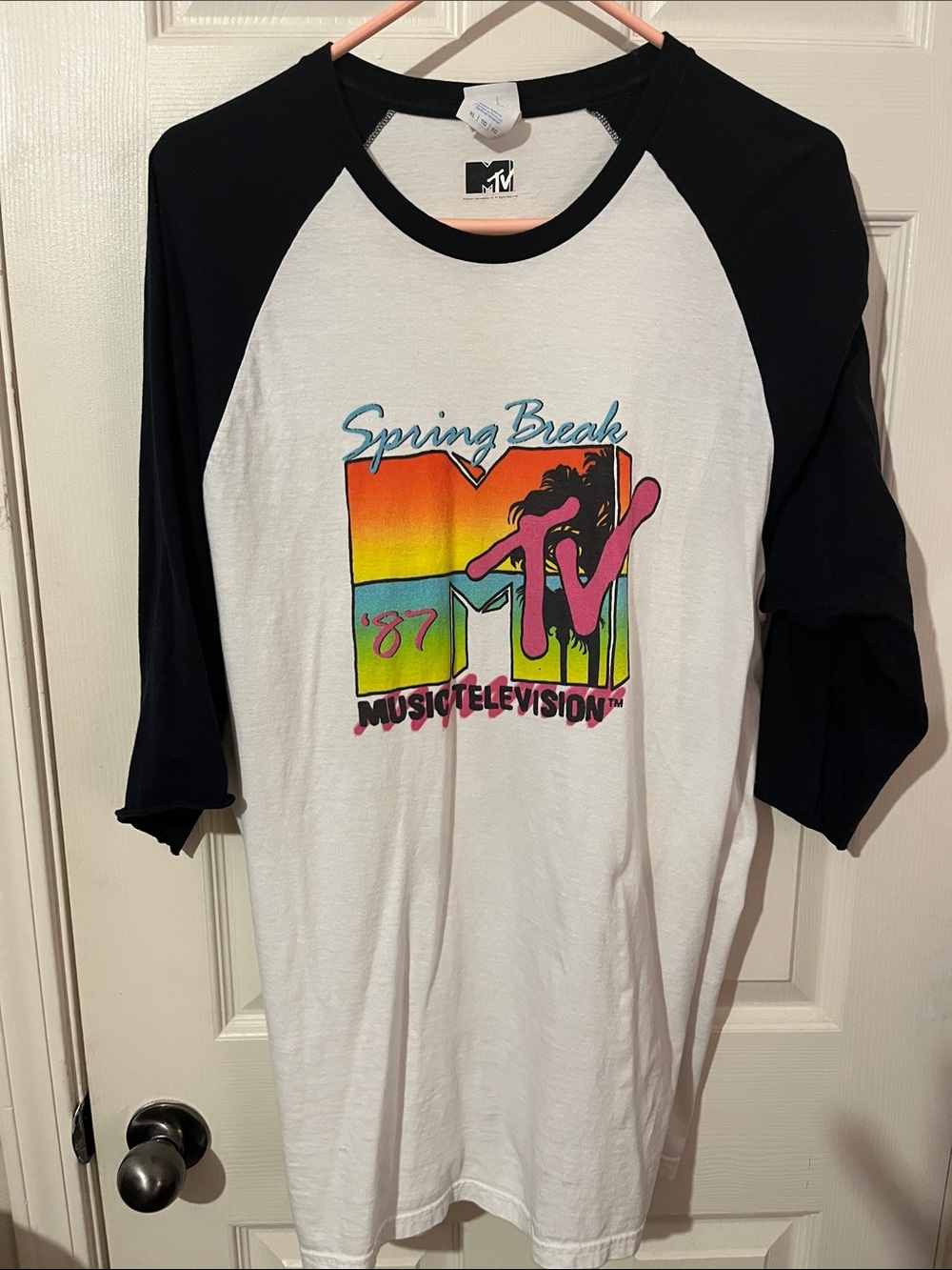 MTV White & Black Raglan Tee with Colorful Spring Break '87 Graphic